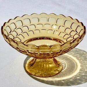 Vintage Federal Glass Yorktown Colonial Thumbprint Amber Gold Footed Bowl 1950s